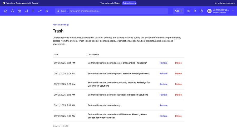 Capsule
			settings list account settings trash & archive data management settings delete account settings data display table ui page example
