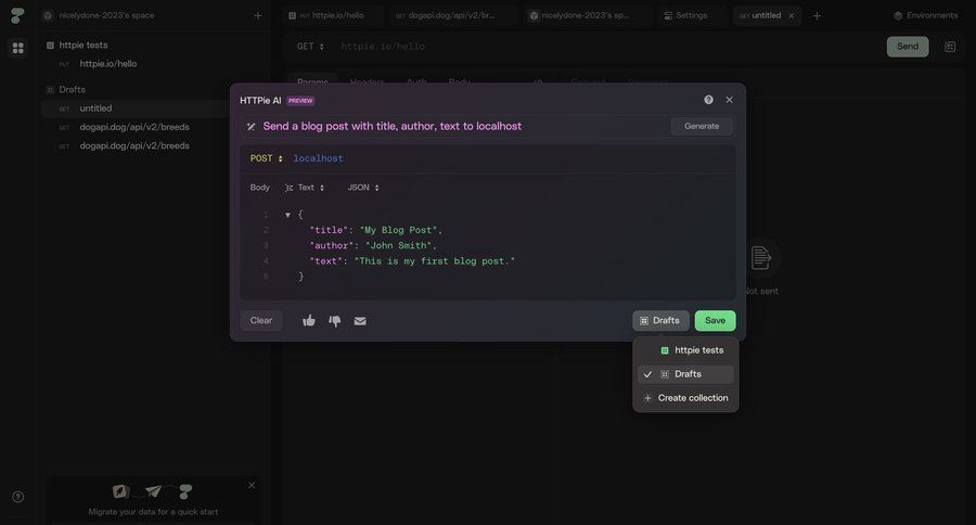 Httpie
			 modal screen form dark theme rounded corners code editing call intelligence create generate menu ui page example