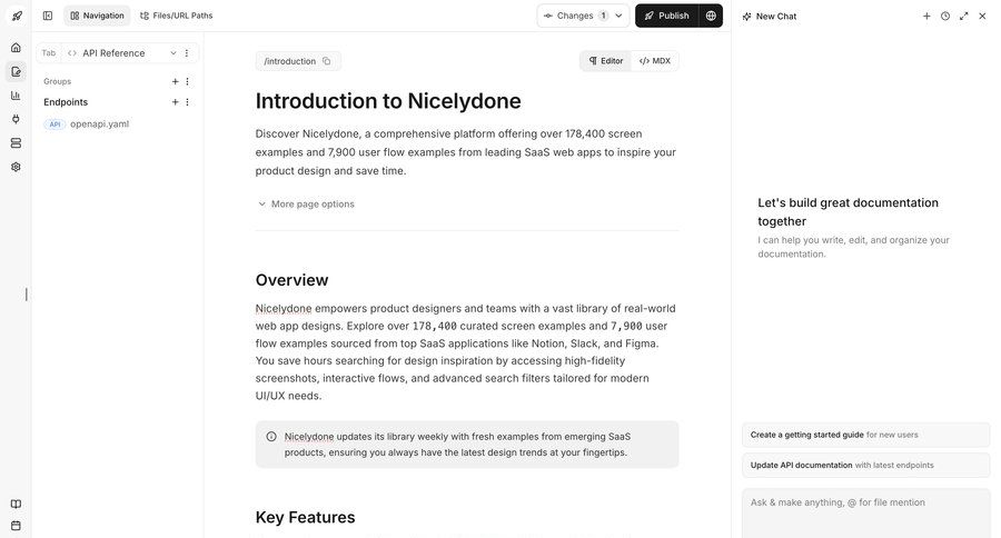 Documentation.AI
			 sidebar navigation three-column grid content management system api management sidebar chat navigation bar documentation modern version control ui page example