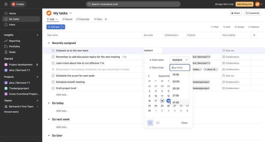 Asana
			 task management team collaboration sidebar navigation project management dropdown filters radio group sidebar date picker time picker menu table time management ui page example