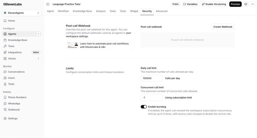 Elevenlabs
			 configuration settings artificial intelligence navigation sidebar sidebar security detail view modern ui page example
