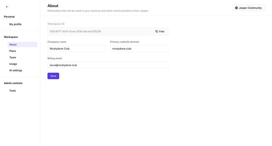 Jasper
			 settings onboarding form account setup account settings profile management save changes ui page example