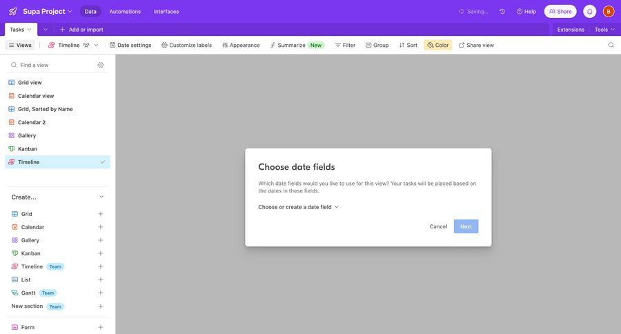Airtable
			 task management modal screen configuration sidebar navigation project management modal dialog timeline view sidebar setup menu data visualization data grid ui page example