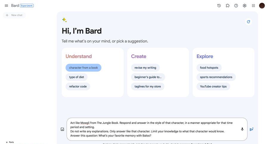 Bard
			 artificial intelligence natural language processing conversational interface create chat menu desktop suggestion ui page example