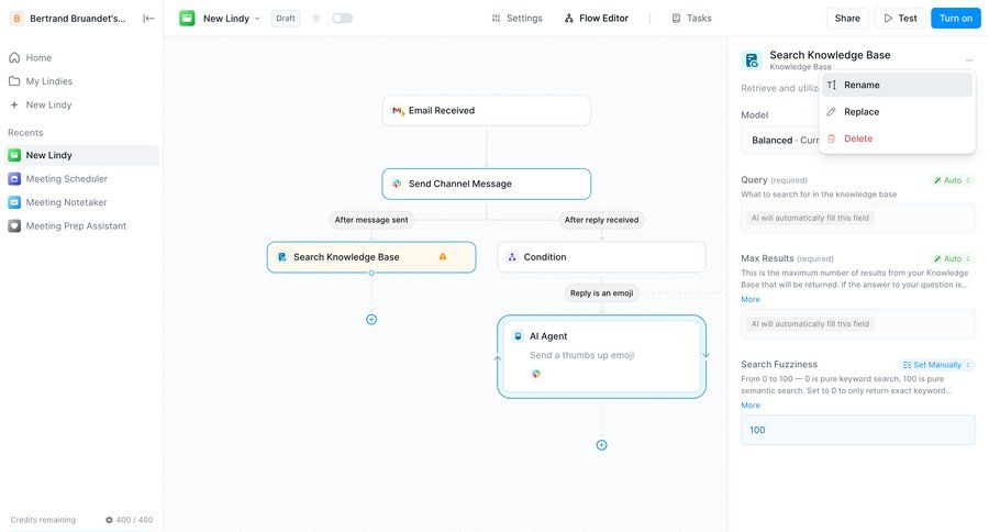 Lindy
			 configuration artificial intelligence workflow automation delete sidebar menu configuration screen ui page example