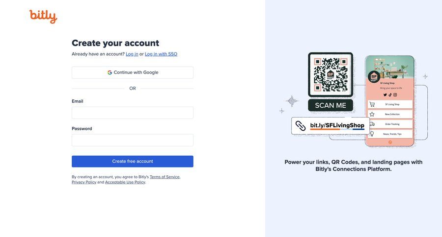 Bitly
			 account management onboarding form account creation free account auth create signup create new account register order tracking ui page example