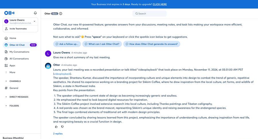 Otter
			 collaboration sidebar navigation artificial intelligence onboarding team workspace task communication sidebar user profile communication chat menu tips chat interface modern conversational voice search suggestions suggestion meeting ui page example