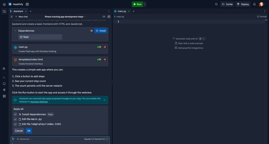Replit
			 project setup code editing message fitness chat interface version history ui page example