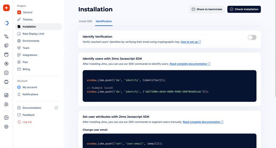 Jimo
			 modern sidebar user authentication settings user management configuration setup contextual help code snippet email verification sdk integration ui page example