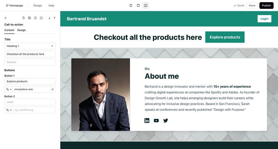 Podia
			 content management editor design real-time preview drag and drop call to action ui page example