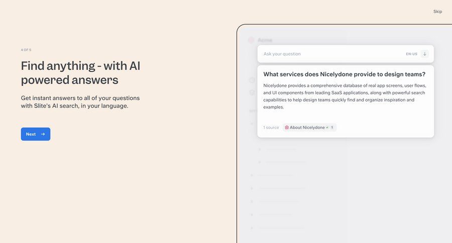 Slite
			 artificial intelligence onboarding chatbot ui page example