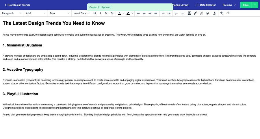 Vero
			 editor design document editing video editor typography color palette menu article ui page example