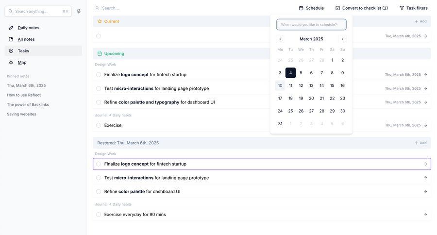 Reflect
			 task management sidebar navigation modal dialog schedule typography color palette lists date picker datepicker chonology time picker time selector ui page example