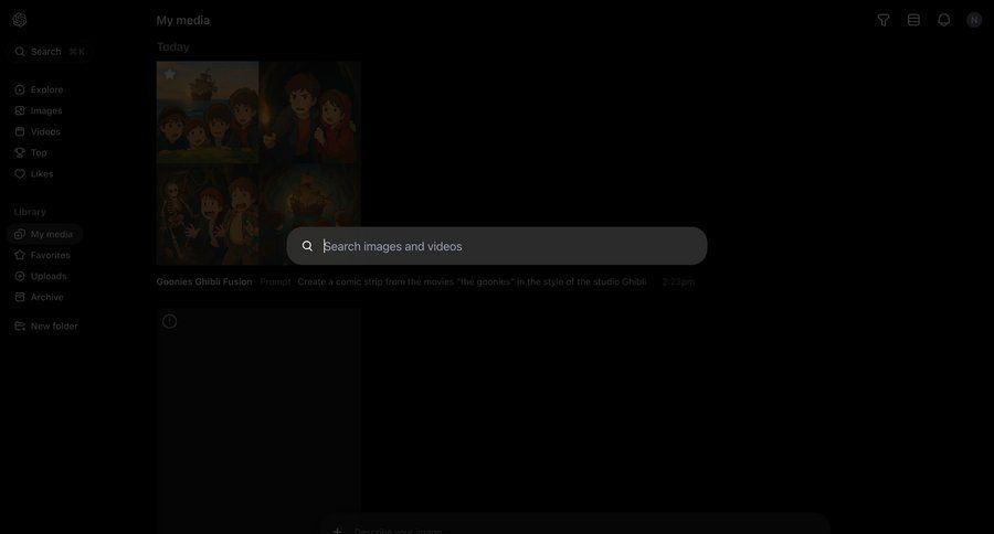 Sora
			search command palette content management sidebar navigation grid full-screen layout research upload media search bar command k ui page example