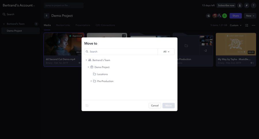 Frame.io
			 modal screen project management tree view file management file organization project organization hierarchical navigation dropdown filters ui page example
