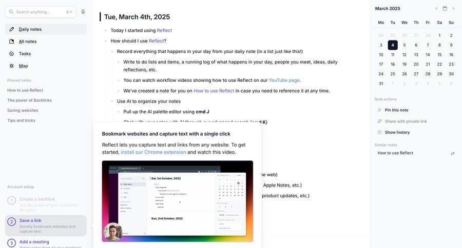 Reflect
			 onboarding tutorial sidebar chrome extension setup on boarding product update documentation ui page example