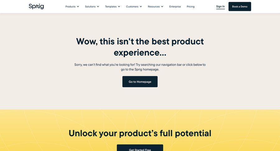 Sprig
			 call to action enterprise page not found features management not found lost ui page example