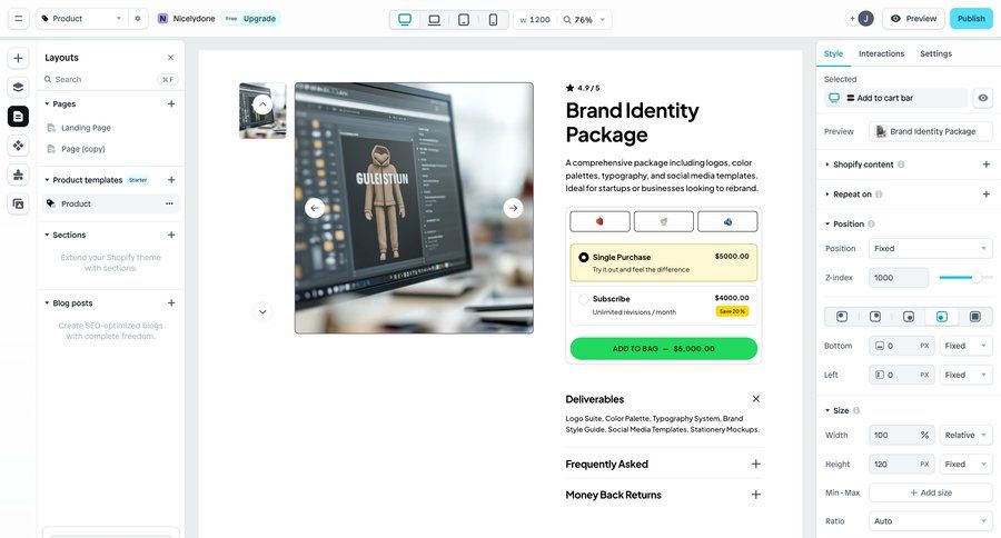 Instant
			 e-commerce design customize real-time preview expandable sections product discovery extend trial typography color palette color theme call to action sidebar product details features modern accordion ui page example