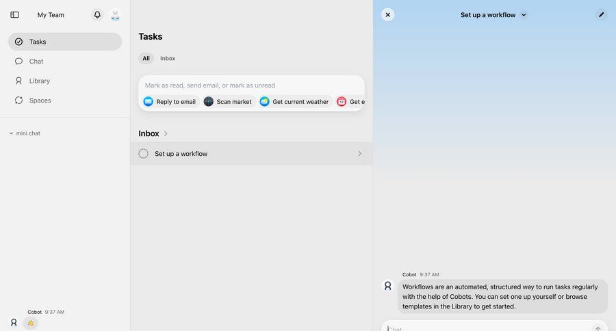 Cobot
			create messaging task management sidebar navigation project management inbox chat ui page example