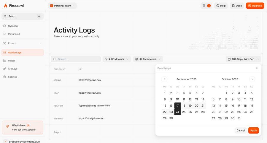 Firecrawl
			 dashboard sidebar date picker data visualization table date filter ui page example