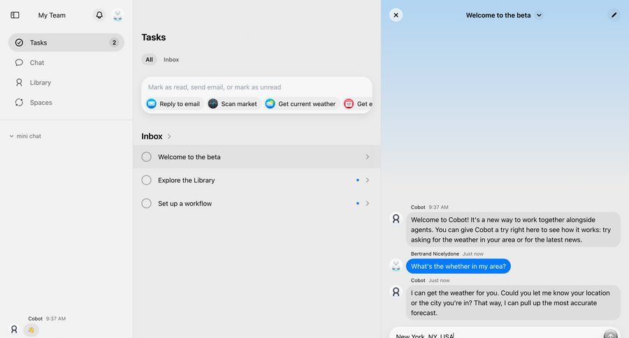 Cobot
			 task management collaboration sidebar navigation inbox communication chat messages menu chat interface ui page example