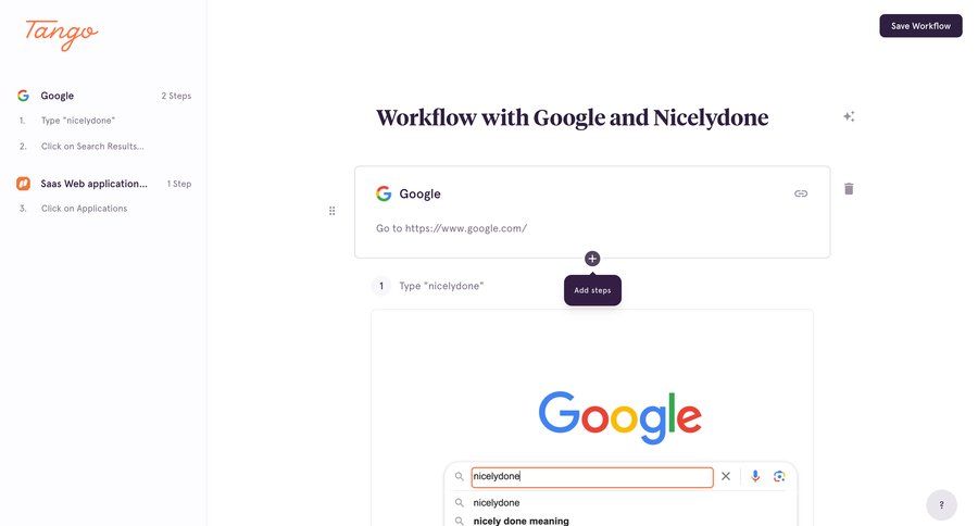 Tango
			 workflow form automation editor workflow builder workflow automation workflow creation drag and drop workflow steps workflow editor sidebar create menu integration search results ui page example