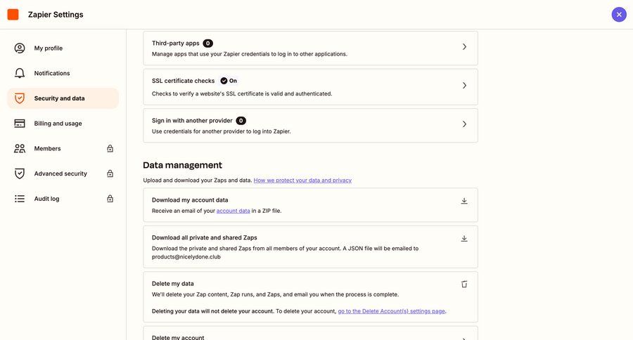 Zapier
			settings delete account account settings security settings data management settings account management account settings account deletion sidebar security ui page example
