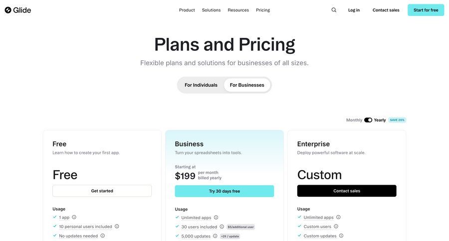 Glide
			 enterprise plan saas pricing pricing calculator ui page example
