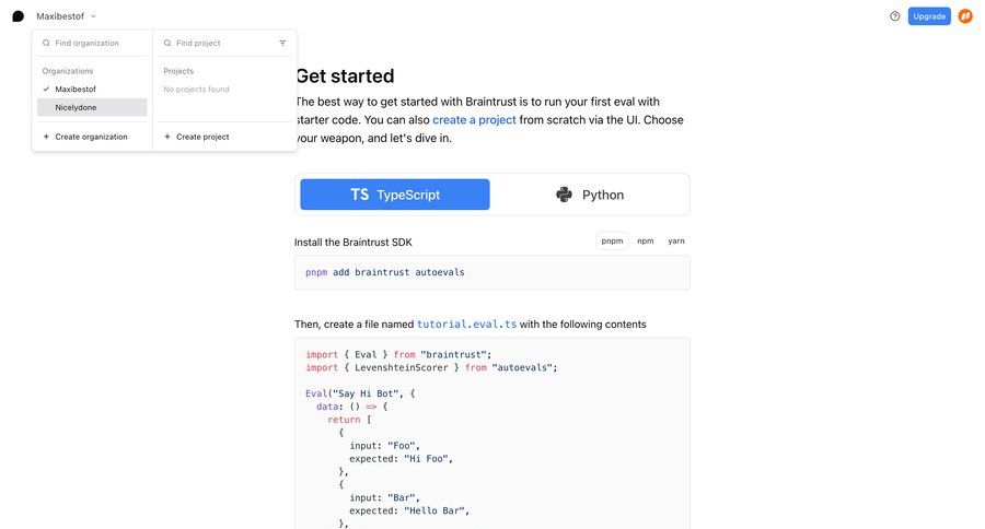 Braintrust
			 project management artificial intelligence onboarding project creation machine learning getting started tutorial sidebar setup on boarding menu guided tour code snippet ui page example