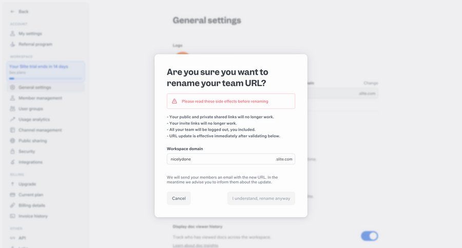 Slite
			 settings confirmation cancel action alert confirmation message ui page example