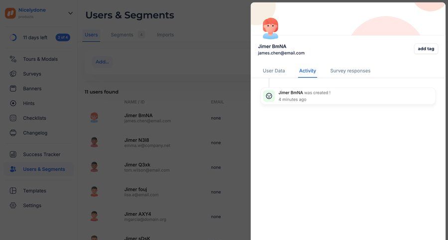 Jimo
			 user management user activity tagging activity tracking user data sidebar user table ui page example