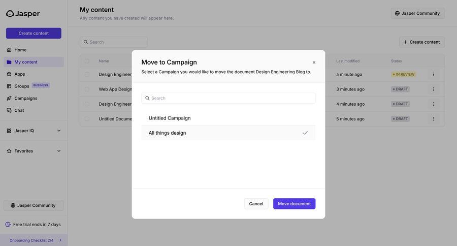 Jasper
			 content management campaign management sidebar table ui page example
