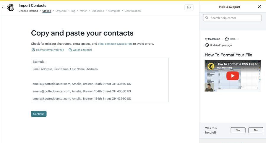 Mailchimp
			 data entry bulk import contextual help ui page example