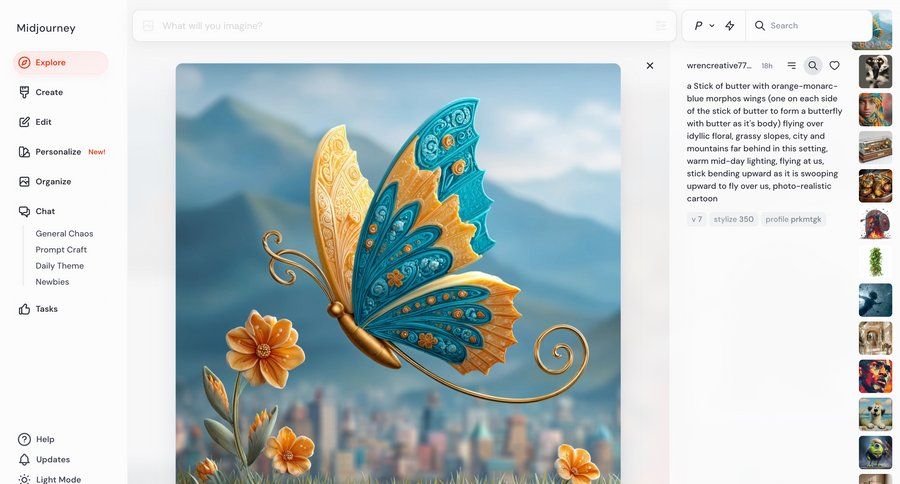 Midjourney
			 dashboard sidebar navigation artificial intelligence content discovery right sidebar sidebar search bar search results ui page example