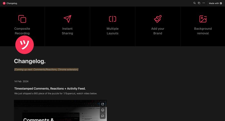 Supercut
			changelog (product) coming soon chrome extension menu desktop download mobile product update changelog update dark ui dashboard layouts offline mode option menu analytics ui page example