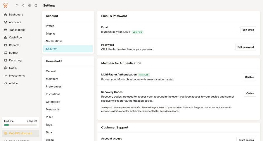 Monarch
			 configuration settings sidebar navigation account management form account setup finance account security account settings email management password management sidebar security card layout customer support data privacy ui page example