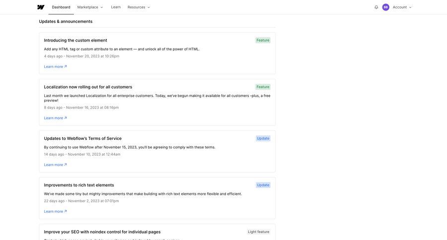 Webflow
				changelog (product) page example