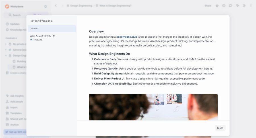 Slite
			 design content hierarchy version history ui page example