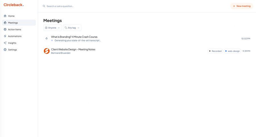 Circleback
			 collaboration call intelligence sidebar meeting ui page example