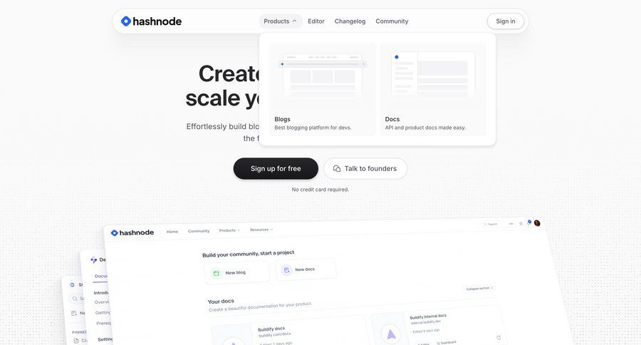 Hashnode
			 content management system homepage home page ui page example