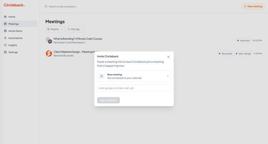 Circleback
			list modal & popover invite teammate dashboard sidebar ui page example
