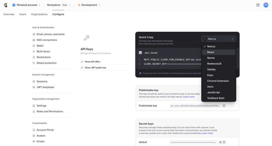 Clerk
			settings api developers section modal screen configuration settings sidebar navigation user settings authentication organization management user permissions sidebar security chrome extension setup menu quick keys code snippet ui page example