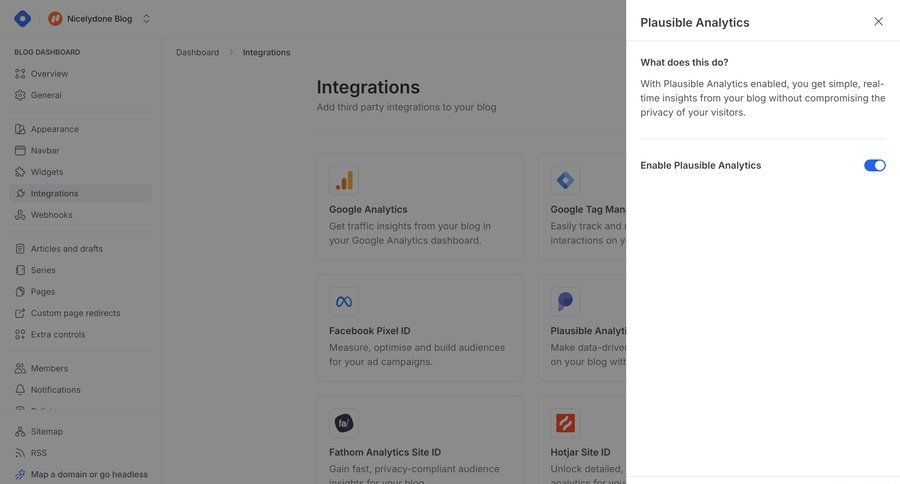 Hashnode
			 sidebar settings integration sidebar navigation analytics version control configuration update modal screen blog management analytics integration ui page example