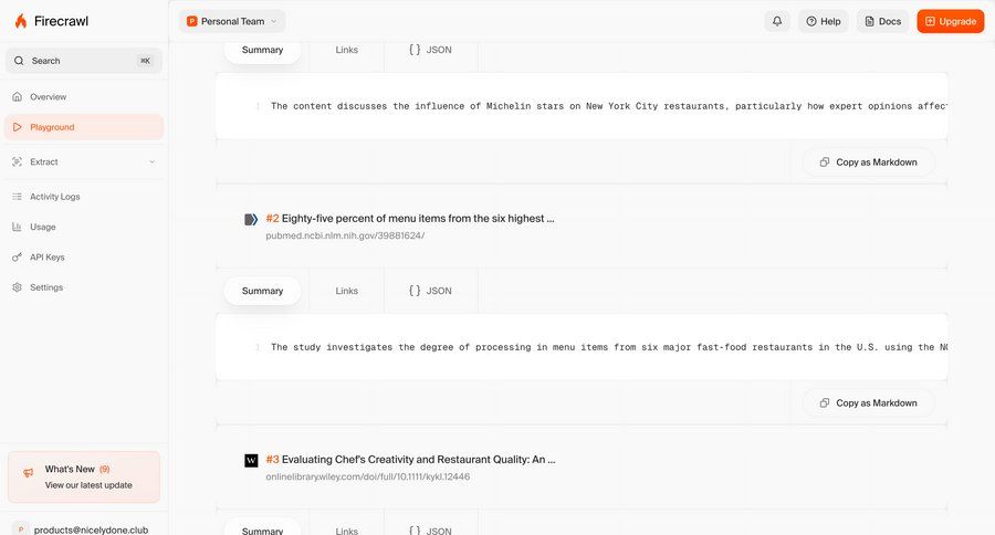 Firecrawl
			 research search results summary ui page example