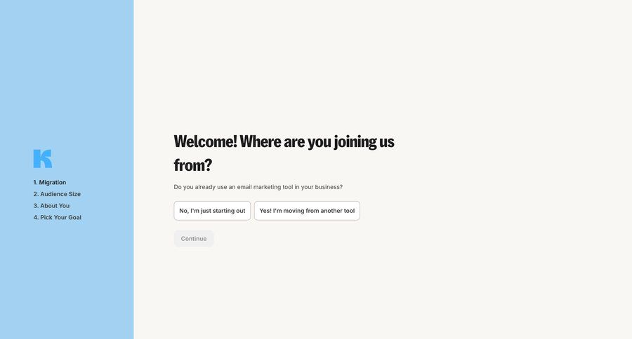 Kit
			 onboarding form account setup split screen account creation auth signup create new account register progress newsletter signup email marketing ui page example