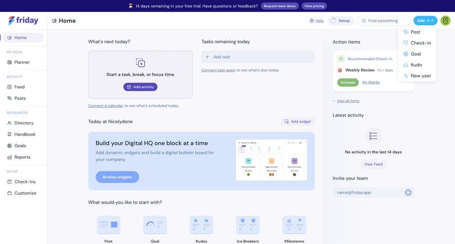 Friday
			 task management team collaboration dashboard sidebar navigation grid onboarding menu widgets ui page example