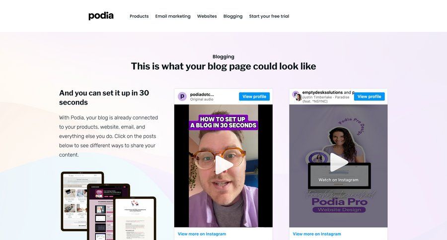Podia
			 free trial cancel trial marketing website design bot builder ui page example