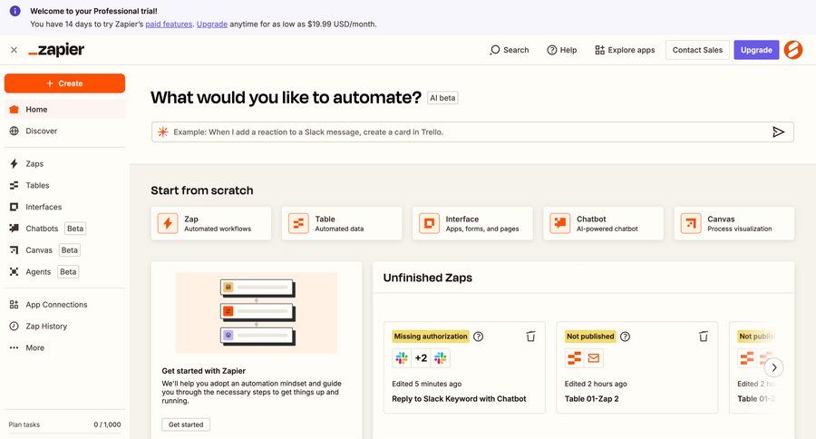Zapier
			 dashboard sidebar navigation workflow onboarding automation workflow management workflow builder workflow creation template selection sidebar menu recent activity integration ui page example