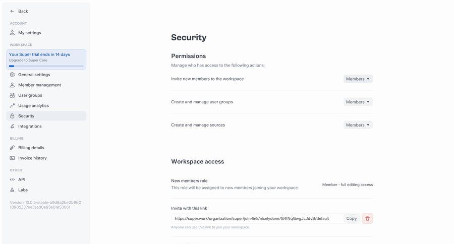Super
			 access control workspace settings security configuration trial banner ui page example