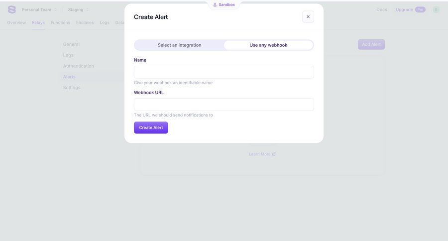 Evervault
			 configuration settings form parameters create version control webhook integration ui page example